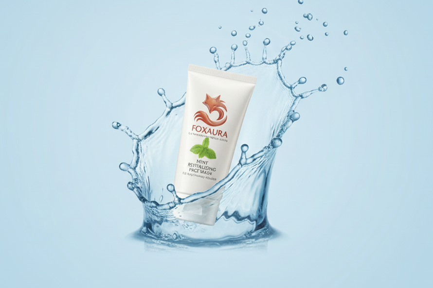 FOXaura face wash with water splash on a light blue background